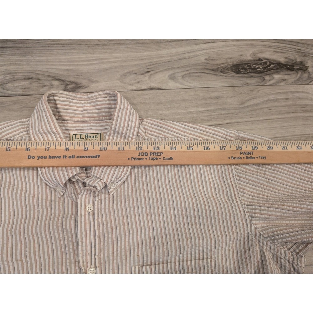 LL Bean Seersucker Shirt Mens L Tan Striped Short Sleeve Button Up Vintage USA - Picture 8 of 16